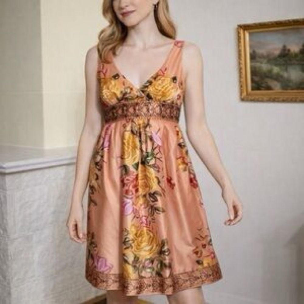 Floral Satin Empire Waist Dress in Peach